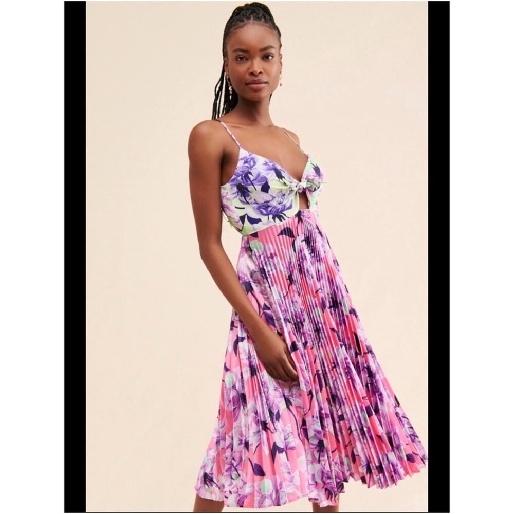 Anthropologie Delfi Quinn Multicolor Floral Pleated Midi Dress Size Large